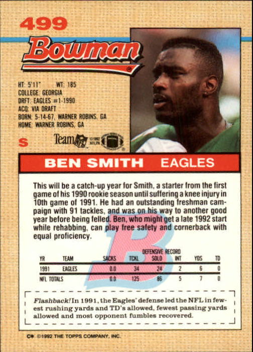 1992 Bowman #499 Ben Smith back image