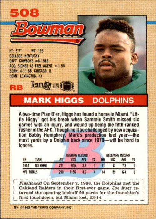 1992 Bowman #508 Mark Higgs back image