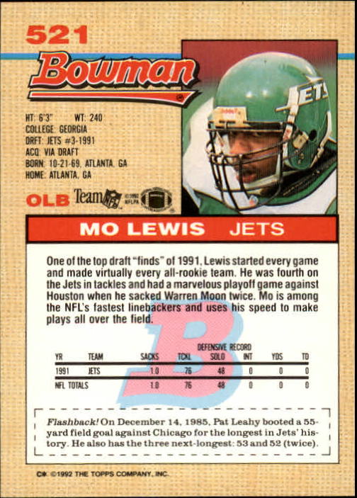 1992 Bowman #521 Mo Lewis back image