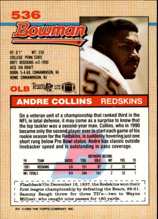 1992 Bowman #536 Andre Collins back image