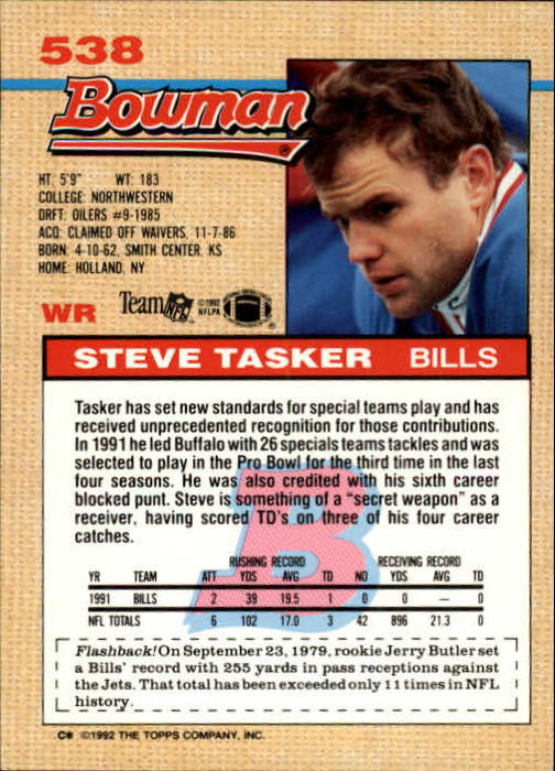 1992 Bowman #538 Steve Tasker back image