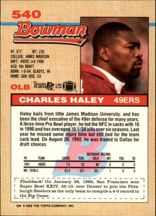 1992 Bowman #540 Charles Haley back image