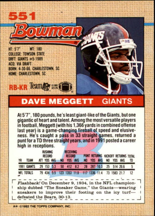 1992 Bowman #551 Dave Meggett back image