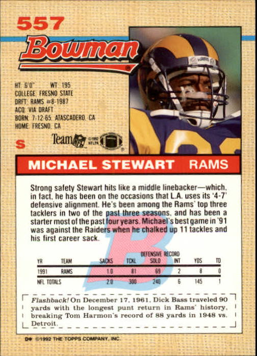 1992 Bowman #557 Michael Stewart back image