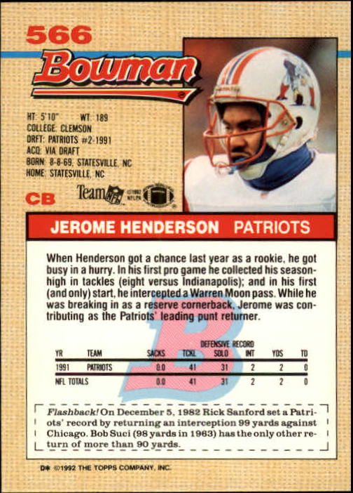1992 Bowman #566 Jerome Henderson back image