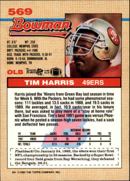 1992 Bowman #569 Tim Harris back image