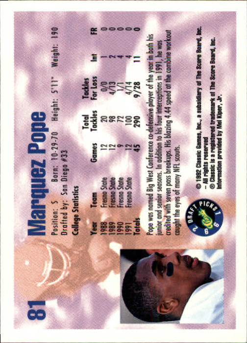 1992 Classic Draft Picks Football "Main Set" Base Cards - Picture 163 of 201