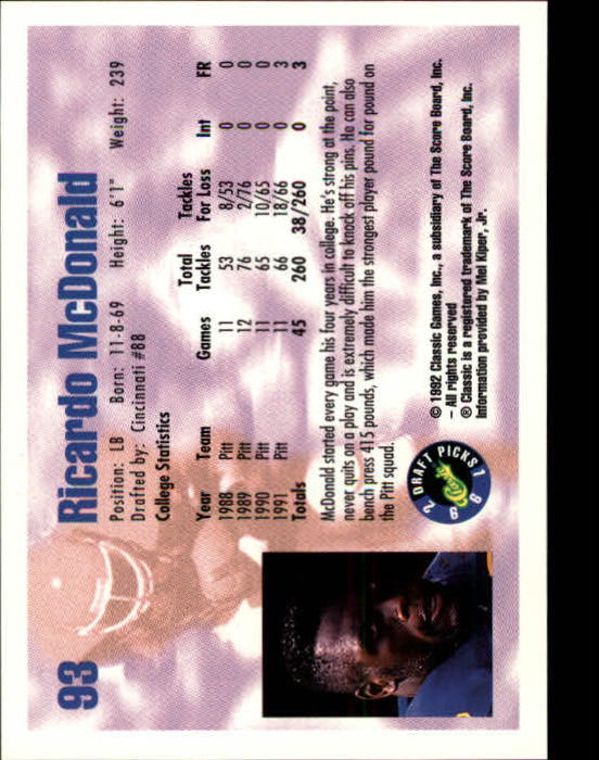 1992 Classic Draft Picks Football "Main Set" Base Cards - Picture 187 of 201
