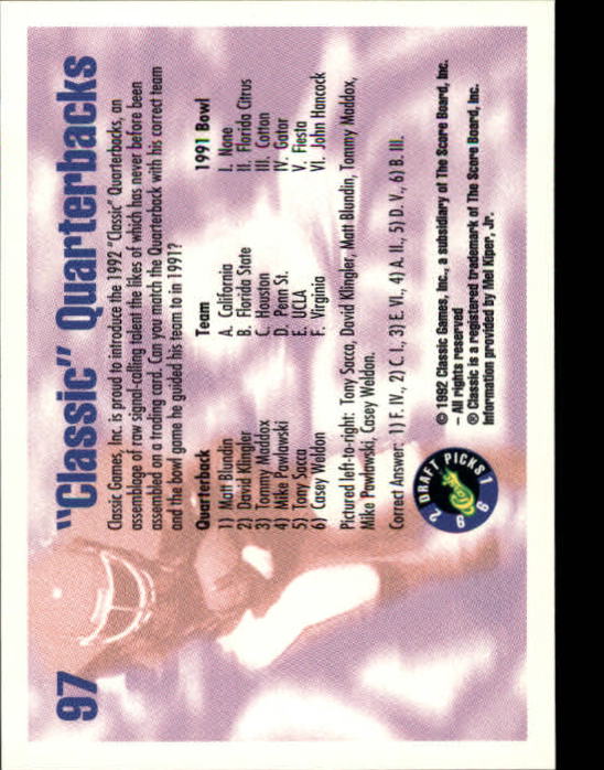 1992 Classic Draft Picks Football "Main Set" Base Cards - Picture 195 of 201