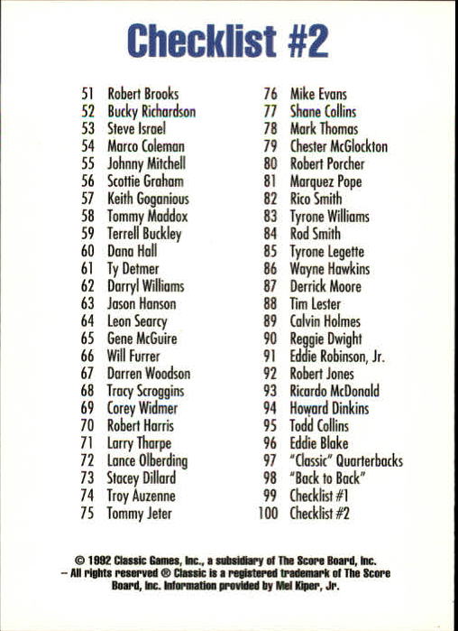 1992 Classic Draft Picks Football "Main Set" Base Cards - Picture 201 of 201