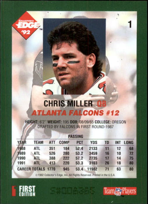 1992 Collector's Edge #1 Chris Miller back image