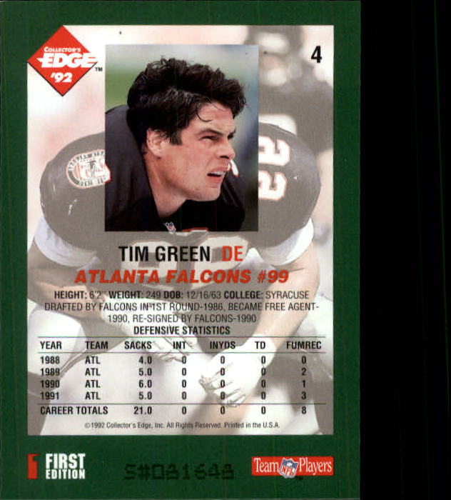 1992 Collector's Edge #4 Tim Green back image