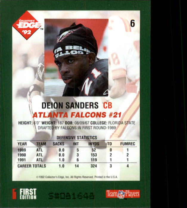 1992 Collector's Edge #6 Deion Sanders back image