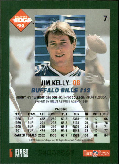 1992 Collector's Edge #7 Jim Kelly back image