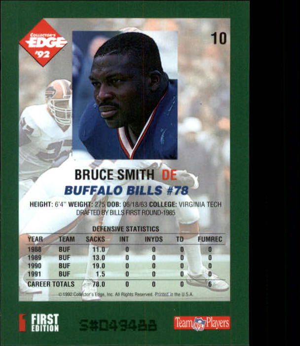 1992 Collector's Edge #10 Bruce Smith back image