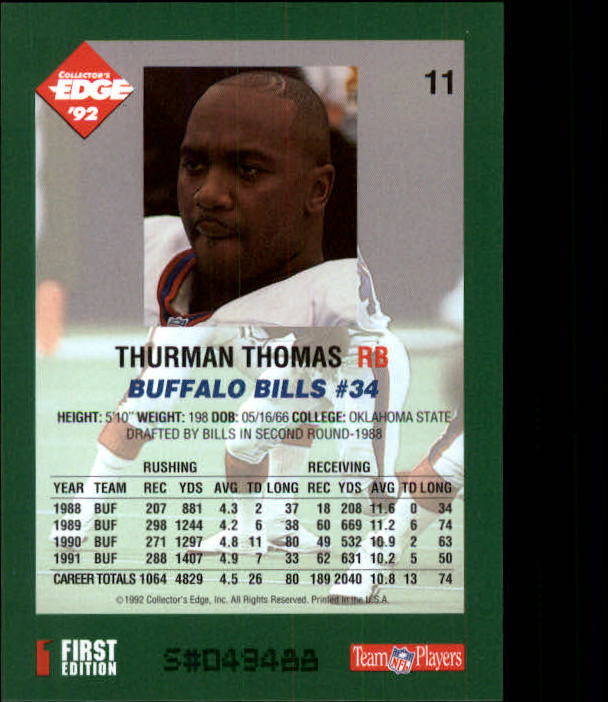 1992 Collector's Edge #11 Thurman Thomas back image