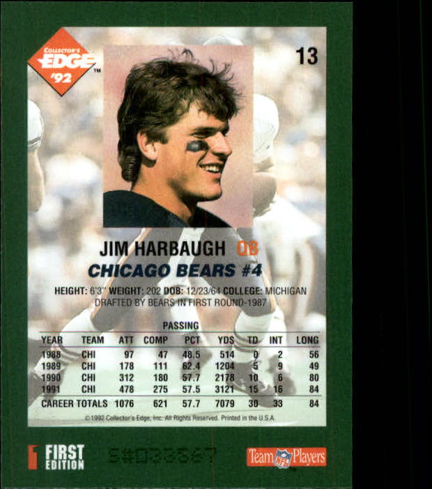 1992 Collector's Edge #13 Jim Harbaugh back image