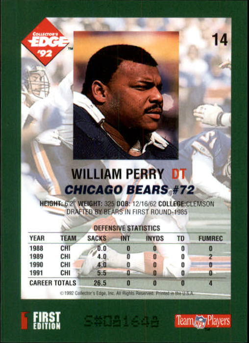 1992 Collector's Edge #14 William Perry back image