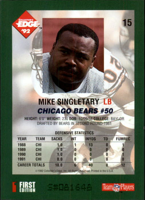 1992 Collector's Edge #15 Mike Singletary back image