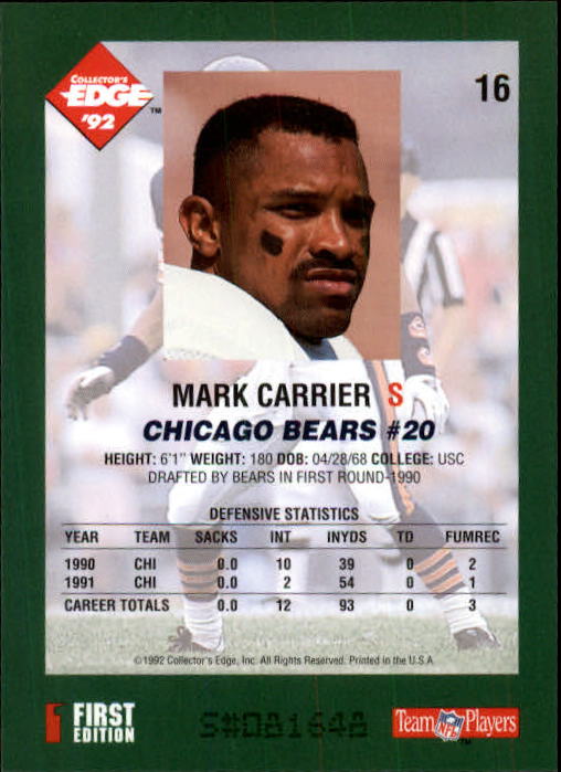 1992 Collector's Edge #16 Mark Carrier DB back image