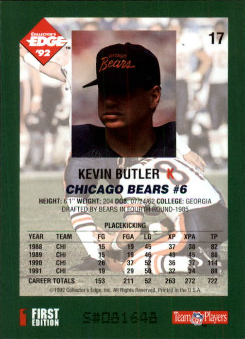1992 Collector's Edge #17 Kevin Butler back image