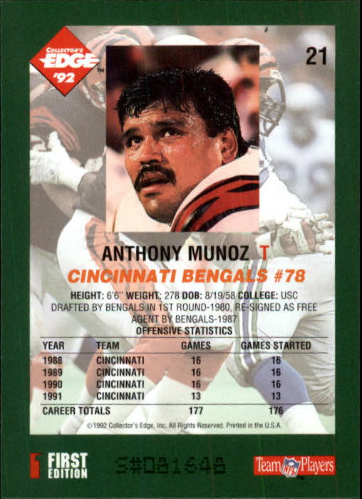 1992 Collector's Edge #21 Anthony Munoz back image