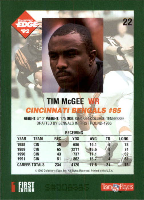 1992 Collector's Edge #22 Tim McGee back image