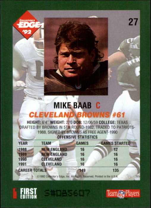 1992 Collector's Edge #27 Mike Baab back image