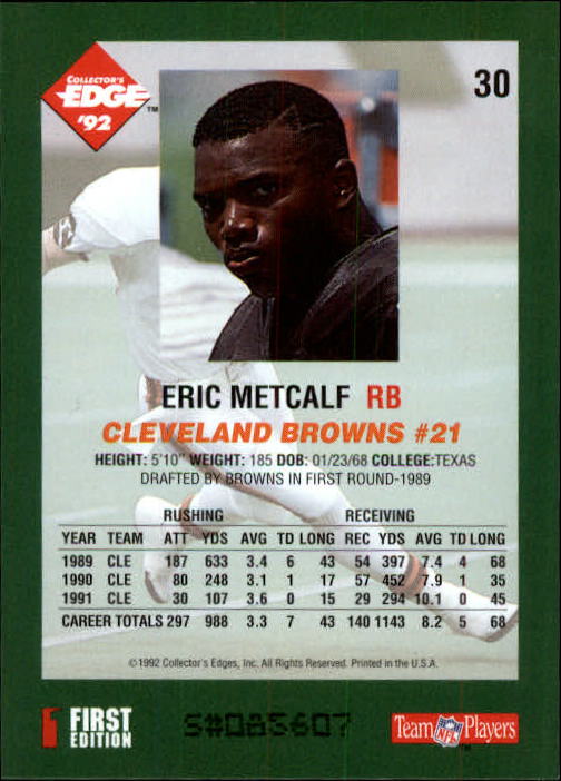 1992 Collector's Edge #30 Eric Metcalf back image