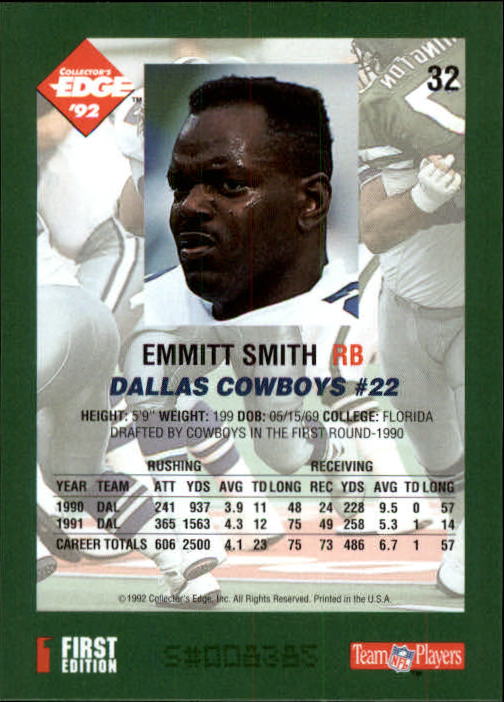 1992 Collector's Edge #32 Emmitt Smith back image