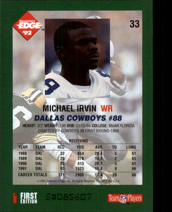 1992 Collector's Edge #33 Michael Irvin back image