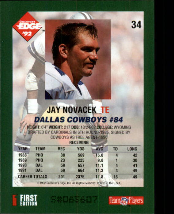 1992 Collector's Edge #34 Jay Novacek back image