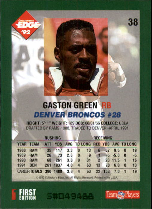 1992 Collector's Edge #38 Gaston Green back image