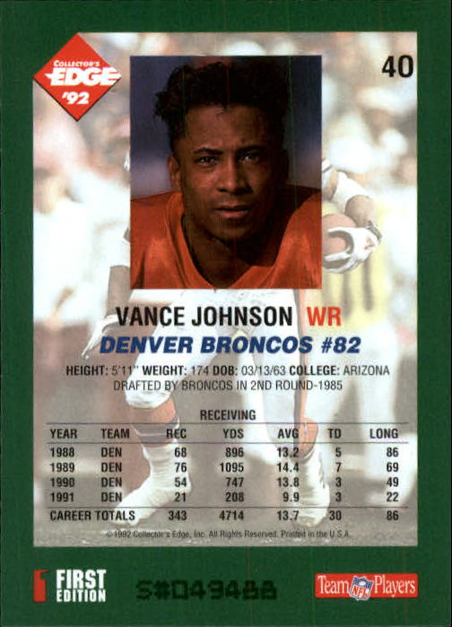 1992 Collector's Edge #40 Vance Johnson back image