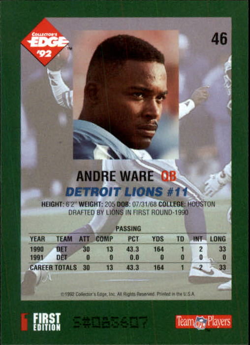 1992 Collector's Edge #46 Andre Ware back image