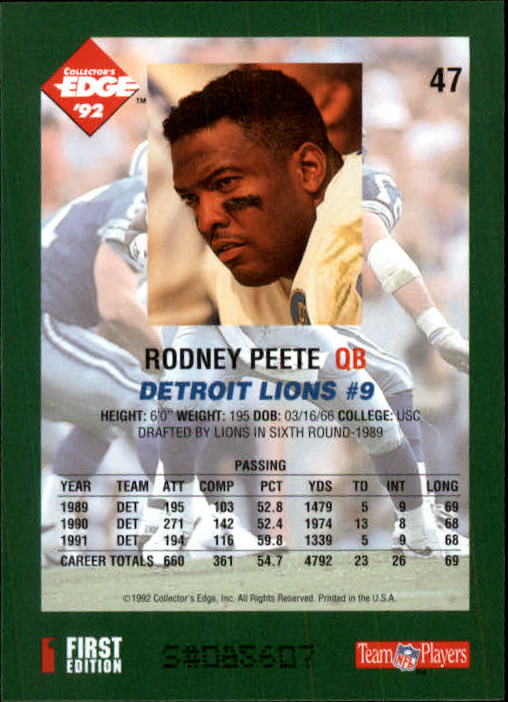 1992 Collector's Edge #47 Rodney Peete back image