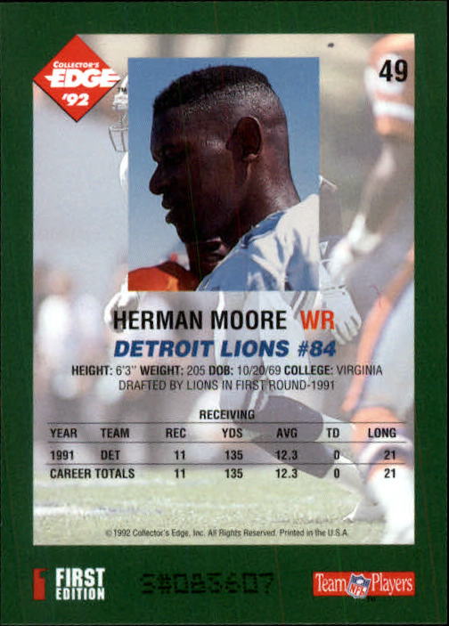 1992 Collector's Edge #49 Herman Moore back image