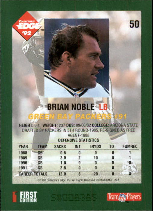 1992 Collector's Edge #50 Brian Noble back image