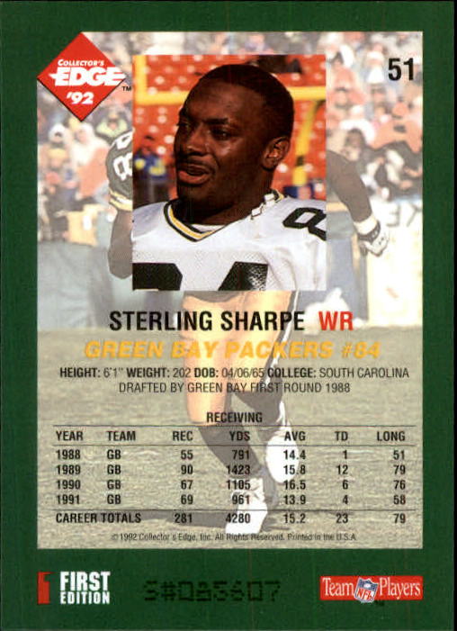 1992 Collector's Edge #51 Sterling Sharpe back image