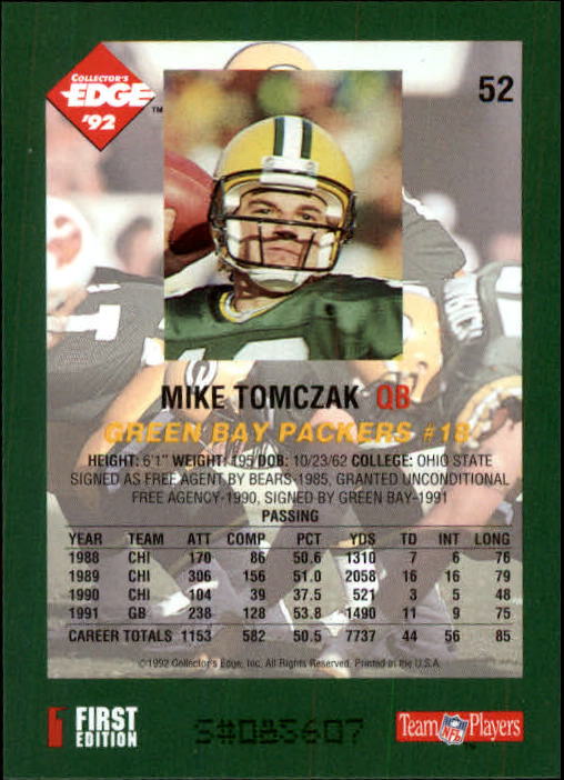 1992 Collector's Edge #52 Mike Tomczak back image