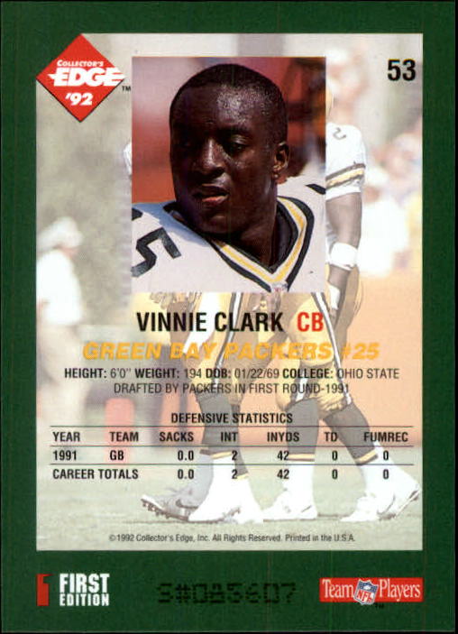 1992 Collector's Edge #53 Vinnie Clark back image