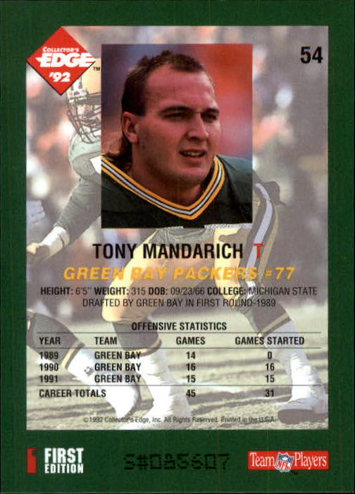 1992 Collector's Edge #54 Tony Mandarich back image