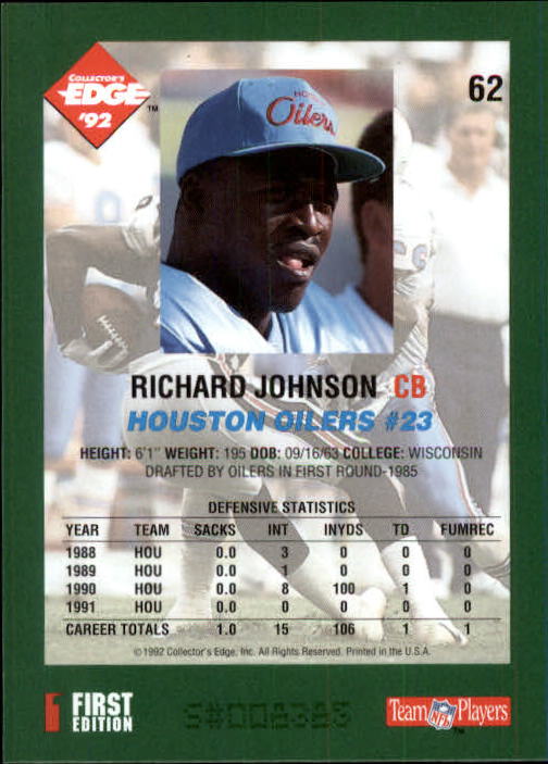 1992 Collector's Edge #62 Richard Johnson CB back image