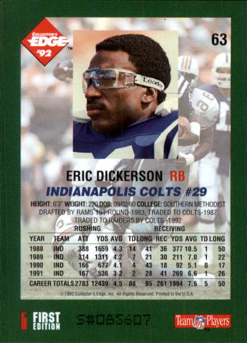1992 Collector's Edge #63 Eric Dickerson back image