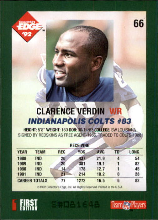 1992 Collector's Edge #66 Clarence Verdin back image