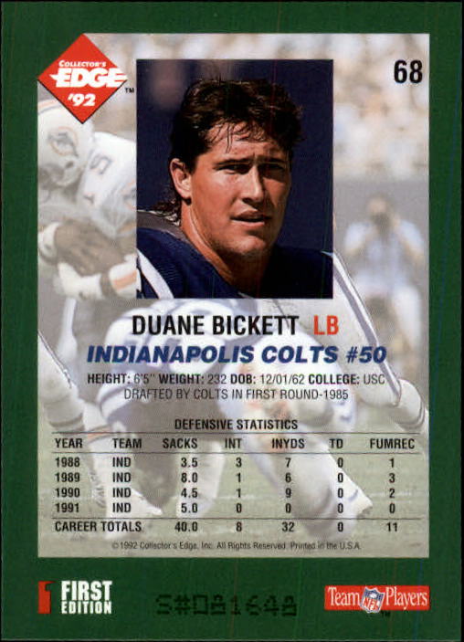 1992 Collector's Edge #68 Duane Bickett back image