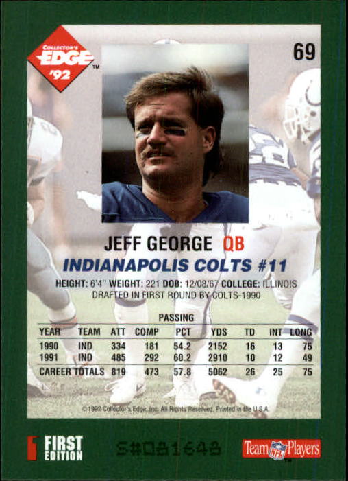 1992 Collector's Edge #69 Jeff George back image