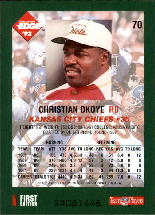 1992 Collector's Edge #70 Christian Okoye back image