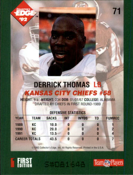 1992 Collector's Edge #71 Derrick Thomas back image
