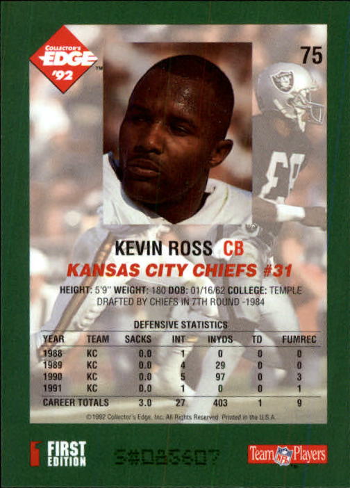 1992 Collector's Edge #75 Kevin Ross back image